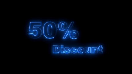 Fifty Percent Discount Neon Sign Glowing Blue on Black Background 50 percent sale
