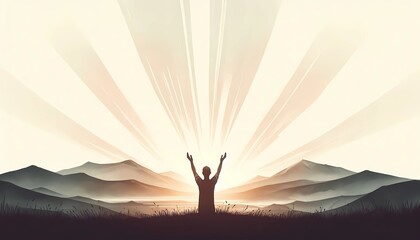 Silhouette man with arms raised in nature background with sun rays illustration