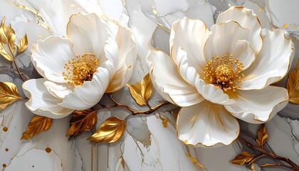 Two opulent white flowers with gold accents, set against a grey and white marble background, showcase intricate detailing and a luxurious aesthetic.