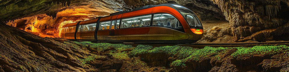 Low-angle shot of a train inside a cavern with bioluminescent moss