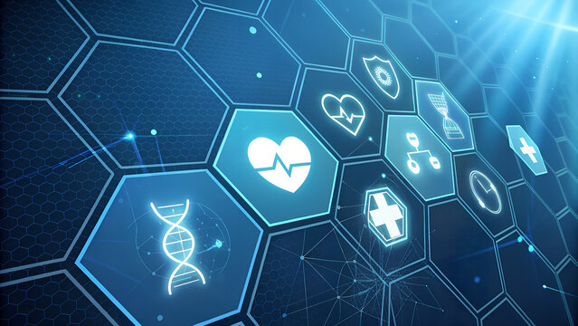 Blue background with medical icons in hexagons representing healthcare technology advancement