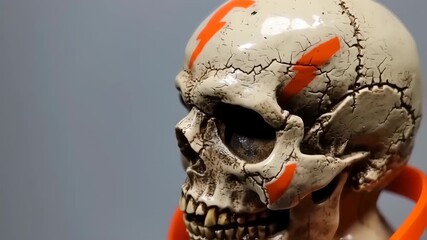 Close-up of a decorative skull with orange markings