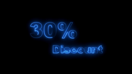 Thirty Percent Discount Neon Sign Glowing Blue on Black Background 30 percent discount sale