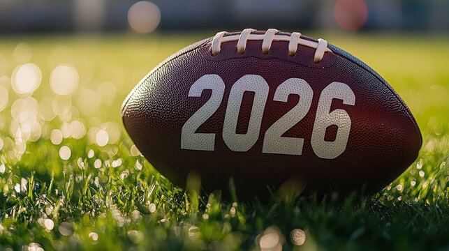 A football with the year 2026 printed on it sitting on green grass in a close up shot on a sunny day