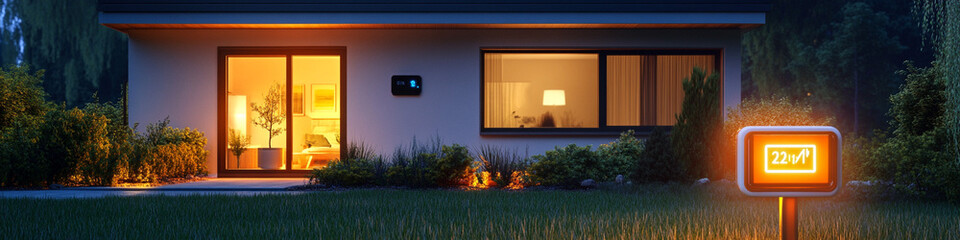 Low-energy smart home with glowing efficiency meter in front yard