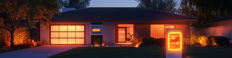 Low-energy smart home with glowing efficiency meter in front yard