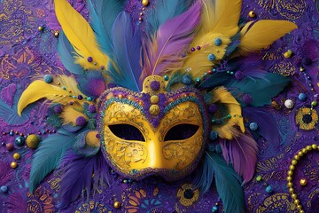 Vibrant Mardi Gras mask adorned with colorful feathers and beads, perfect for festive celebrations and event promotions.