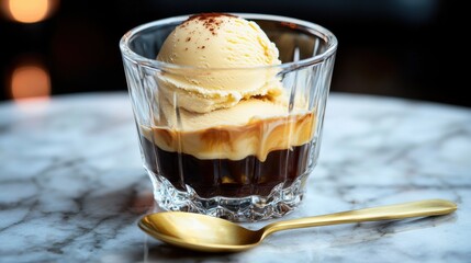 Gourmet espresso affogato presented in sophisticated crystal glass with vanilla ice cream scoop and elegant gold spoon