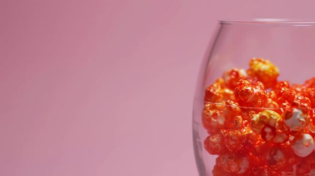 Colorful popcorn in a glass bowl against a pink background
