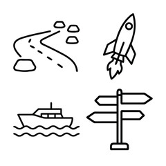 Four simple line art icons depict different modes of travel and guidance: a winding road, a rocket, a boat on water, and a directional signpost.