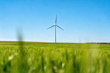 A wind turbine is situated in a vibrant green field with a bright blue sky, representing renewable energy and environmental sustainability.