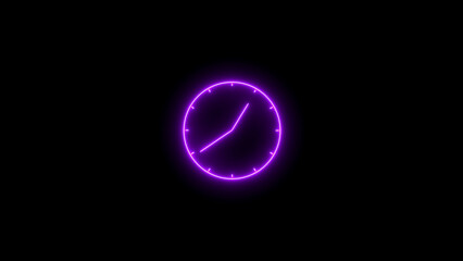 Purple Neon Clock Face with Minute Markers and Curved Hand on Black Background time light