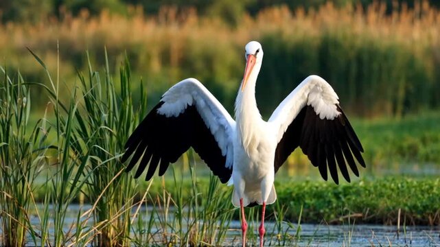 Elegant stork walking near wetland with tall grass background