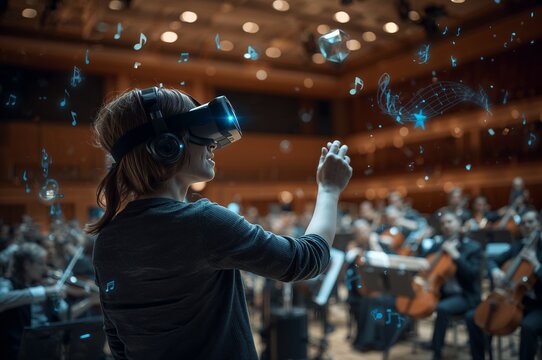 Woman experiencing virtual reality music in an orchestra hall