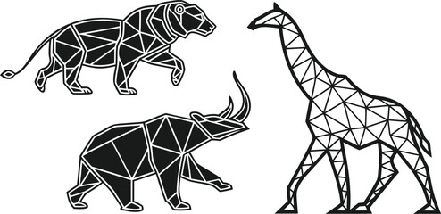 "Polygonal line art illustration of wild animals including lion, elephant, and giraffe. Modern geometric animal design in vector style. Ideal for tattoos, logos, and artwork."