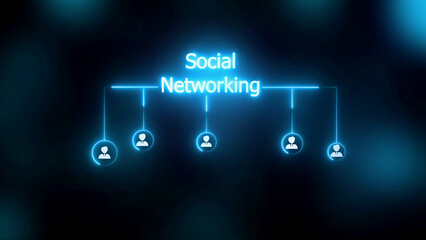 Glowing Neon Social Networking Diagram with Connected User Icons on Dark Blurred Background connection