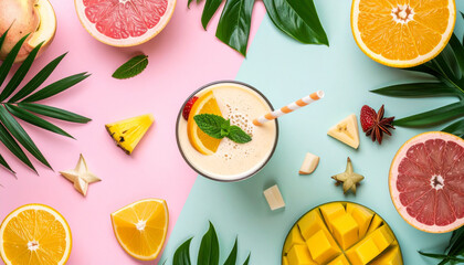 Tropical Smoothie and Fruits on Pink and Blue Background, Top View Summer Concept