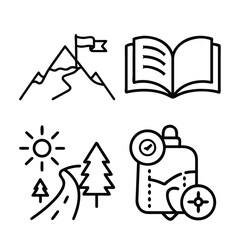 Four distinct line art icons depict a mountain summit, an open book, a scenic road, and a navigation device with a target.