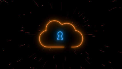 Orange neon cloud icon with blue keyhole and light streaks on black background glowing