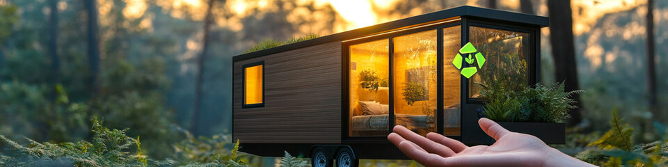 Modern eco-friendly tiny house with green energy symbol in hand