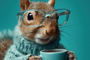 A squirrel wearing glasses and a sweater enjoys a cup of coffee.