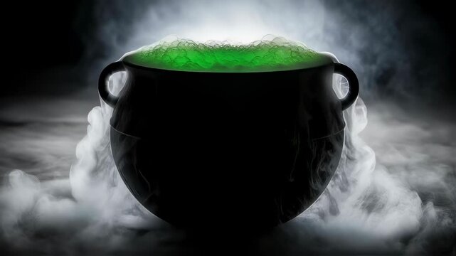 Halloween black cauldron with green boiling potion and rising mist. Horror and spooky concept for witchcraft magic.