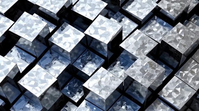 Abstract geometric pattern of interlocking cubes, showing reflective surfaces with fragmented textures