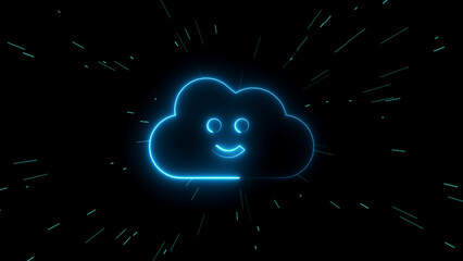 Blue neon happy cloud with light streaks on black background glowing outline