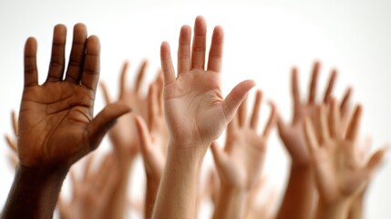 Diverse group of outstretched hands reaching upwards, symbolizing unity, participation, and collective action against a white background