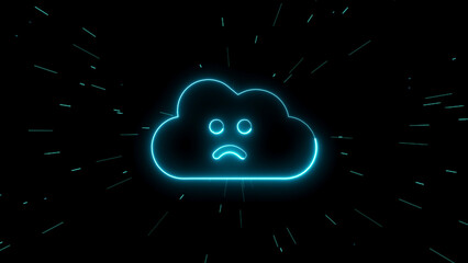 Blue neon sad cloud with light streaks on black background glowing outline