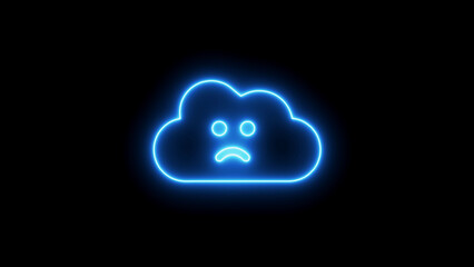 Blue neon cloud with sad face on black background glowing outline