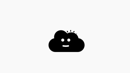 Black cloud icon with smiling face and sun rays on white background happy