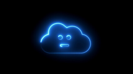 Blue neon cloud icon with confused face on black background uncertain weather