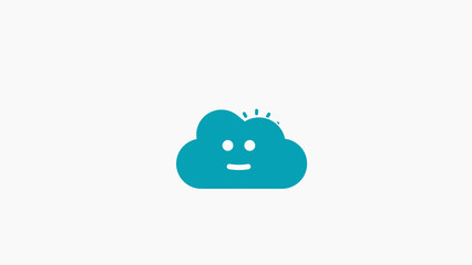 Teal cloud icon with smiling face and sun rays on white background happy