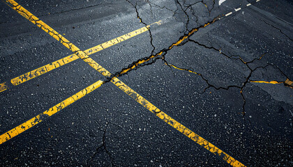 Cracked Asphalt with Intersecting Yellow Lines