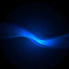 Photo of abstract glowing blue wave of particles and light streaks on a dark background, representing technology, data flow, and digital energy