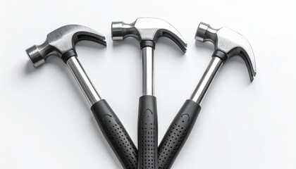 Three upright ball-peen hammers with polished metal heads and wooden handles displayed on a white surface, showcasing variations in size and craftsmanship for metalworking tools.