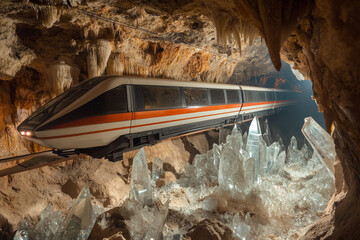Monorail train suspended through a wide underground crystal cave
