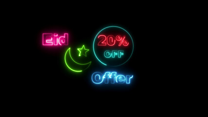 Neon Eid Offer 20 Percent Off Crescent Moon Star And Text On Black Background sign