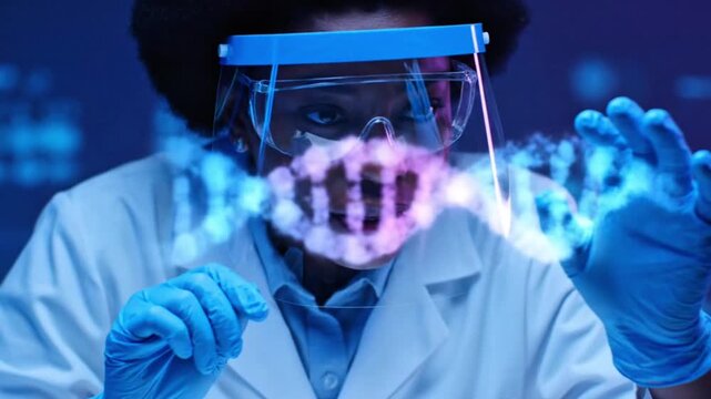 Scientist analyzing digital DNA structure in laboratory 
 - Powered by Adobe