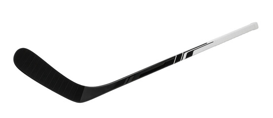 A black hockey stick with a white grip handle and a black blade is on a clean white surface. The stick is a piece of sports equipment.