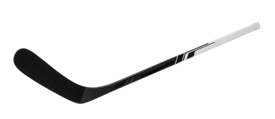 A black hockey stick with a white grip handle and a black blade is on a clean white surface. The stick is a piece of sports equipment.