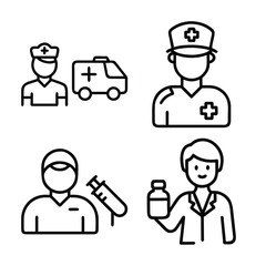 A set of four simple line art icons depicting medical personnel, an ambulance, and medical supplies like a syringe and vial.