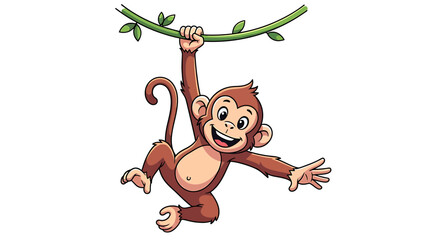 Happy baby monkey character hanging from a liana, cheerful vector graphic isolated on white background