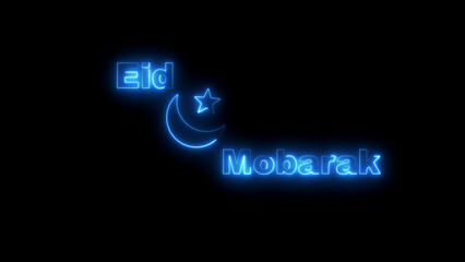 Blue Neon Eid Mubarak Text and Crescent Moon Star Symbol on Black Background islam muslim