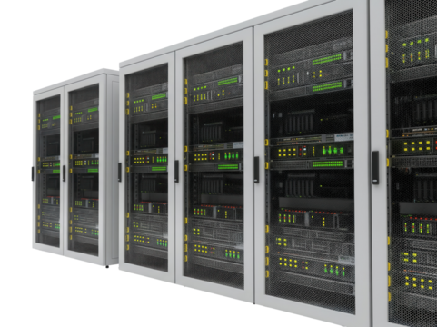A series of server racks with illuminated green and yellow indicator lights is on a clean white surface. The equipment is a data storage system.