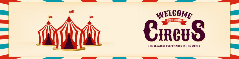 Horizontal circus banner with striped tents and decorative title. Template for event flyers, fairground signage or retro carnival posters. Vector illustration