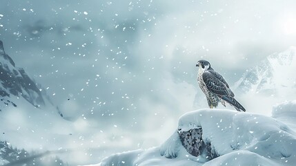 A peregrine falcon perched on a snowcovered rock in a winter landscape with snow falling, creating a serene and majestic scene in the mountains