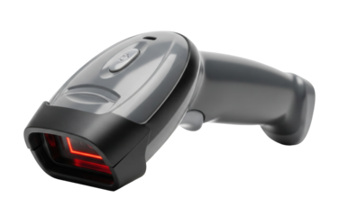 A sleek, handheld black and gray barcode scanner with a red laser light is on a clean white surface.Isolated transparent background ( cut-out PNG file ).