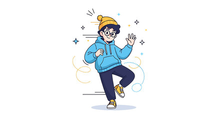 Dynamic vector illustration of a cheerful cartoon boy in a beanie and glasses dancing with joyful energy